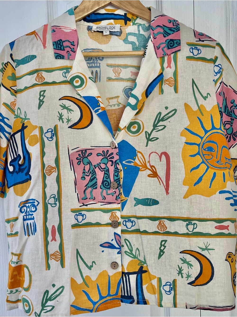 Rachel Zoe Linen Blend Blouse Womens size Large Sun-and-symbol Print Button up